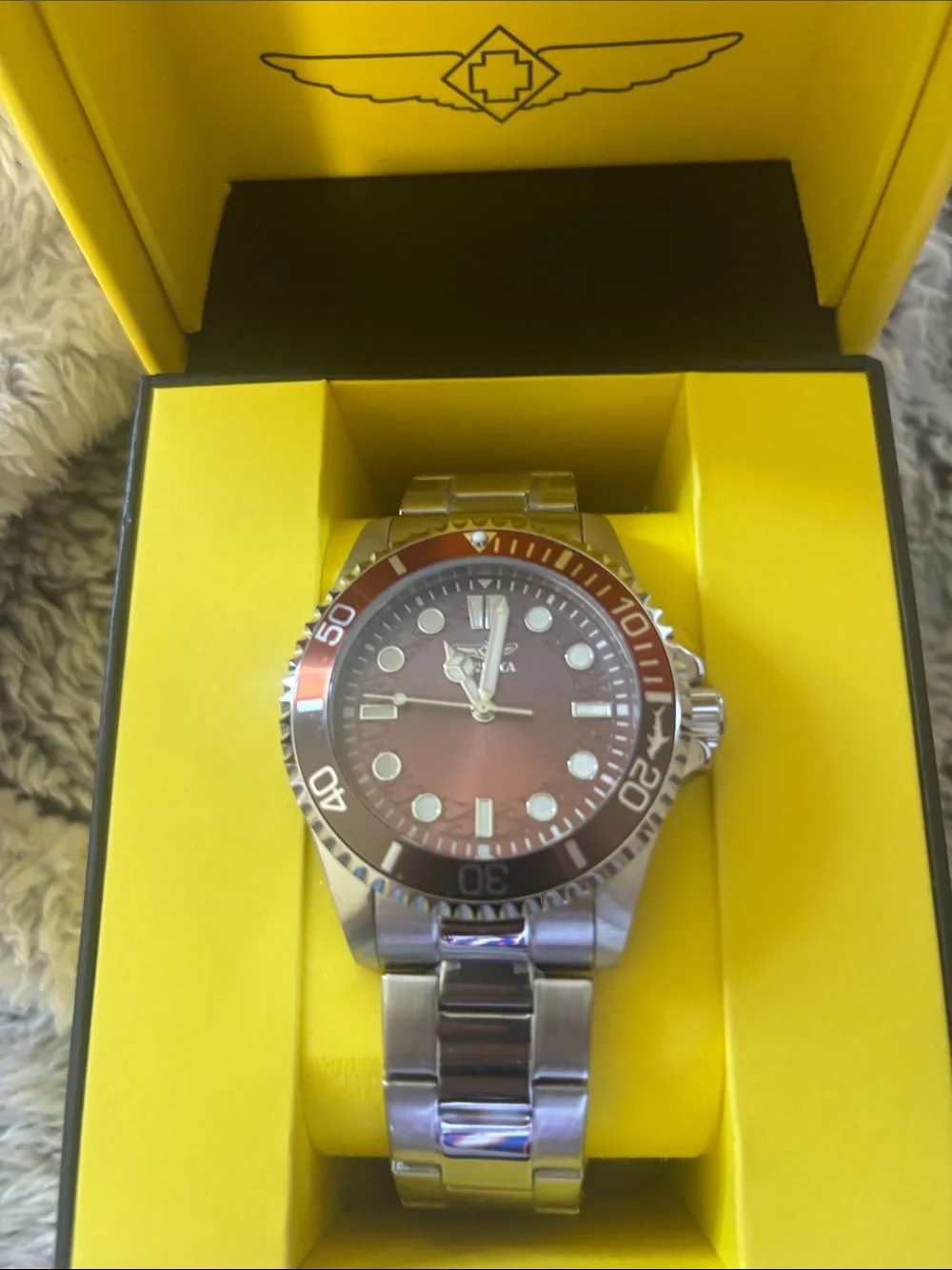 Invicta Men's Stainless Steel Watch with Brown Dial and Red-Brown Bezel